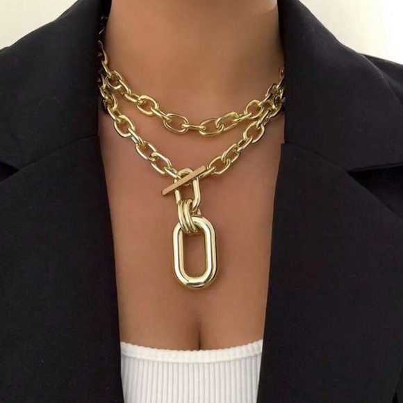 Gold Chain Toggle 2pc Pendant Necklace Set Layered Chunky Link Necklace - Picture 2 of 3